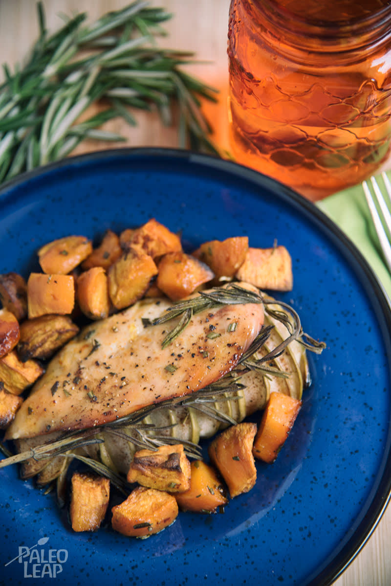 Apple-stuffed chicken with sweet potatoes